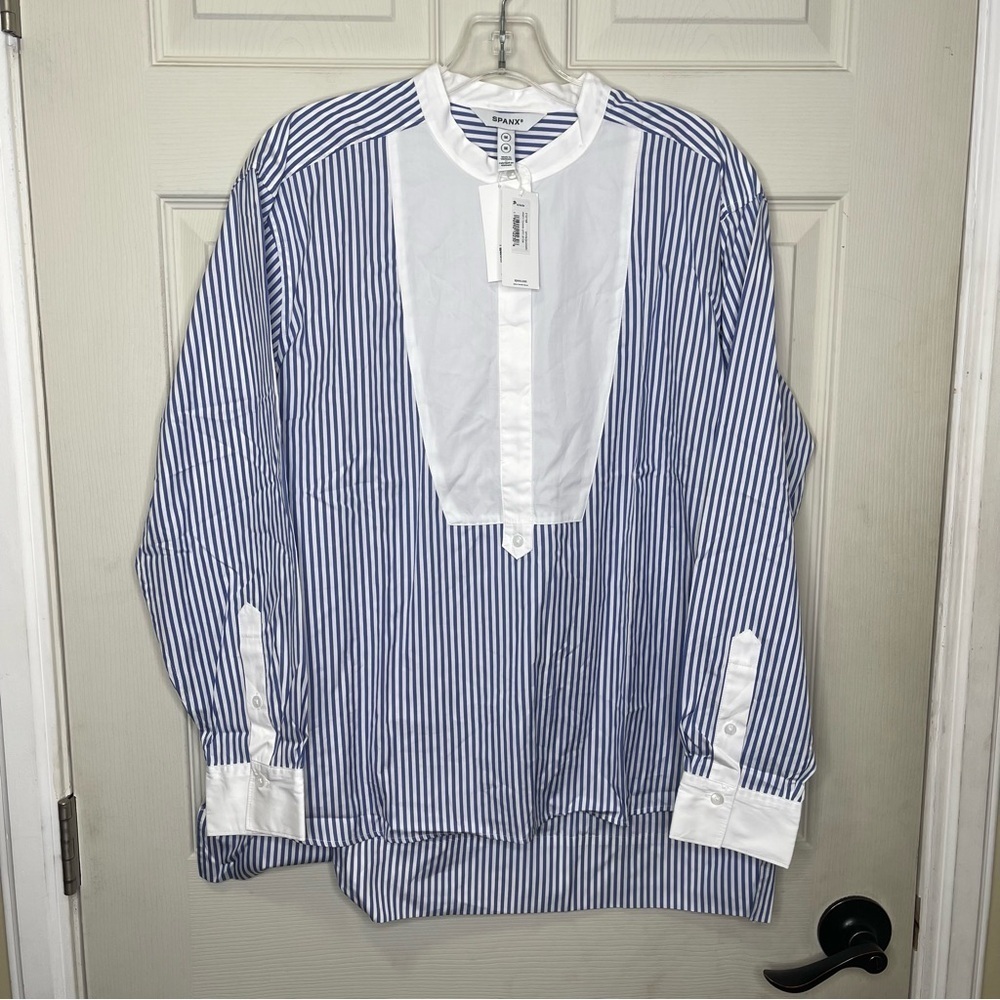 SPANX® Poplin Tuxedo Shirt Navy White Stripe Sz M - Picture 1 of 5